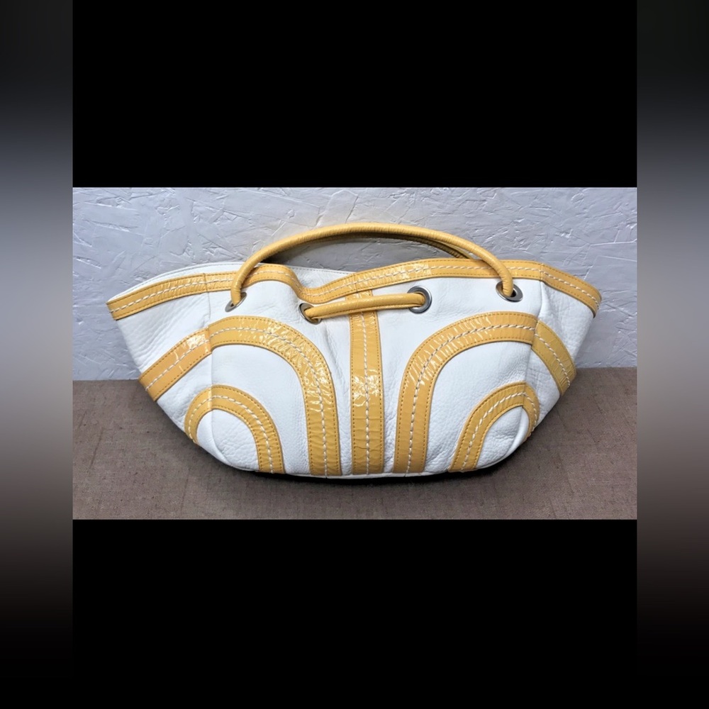Kate Landry Yellow Patent Leather Cream Leather Top Handle Clutch Purse Handbag